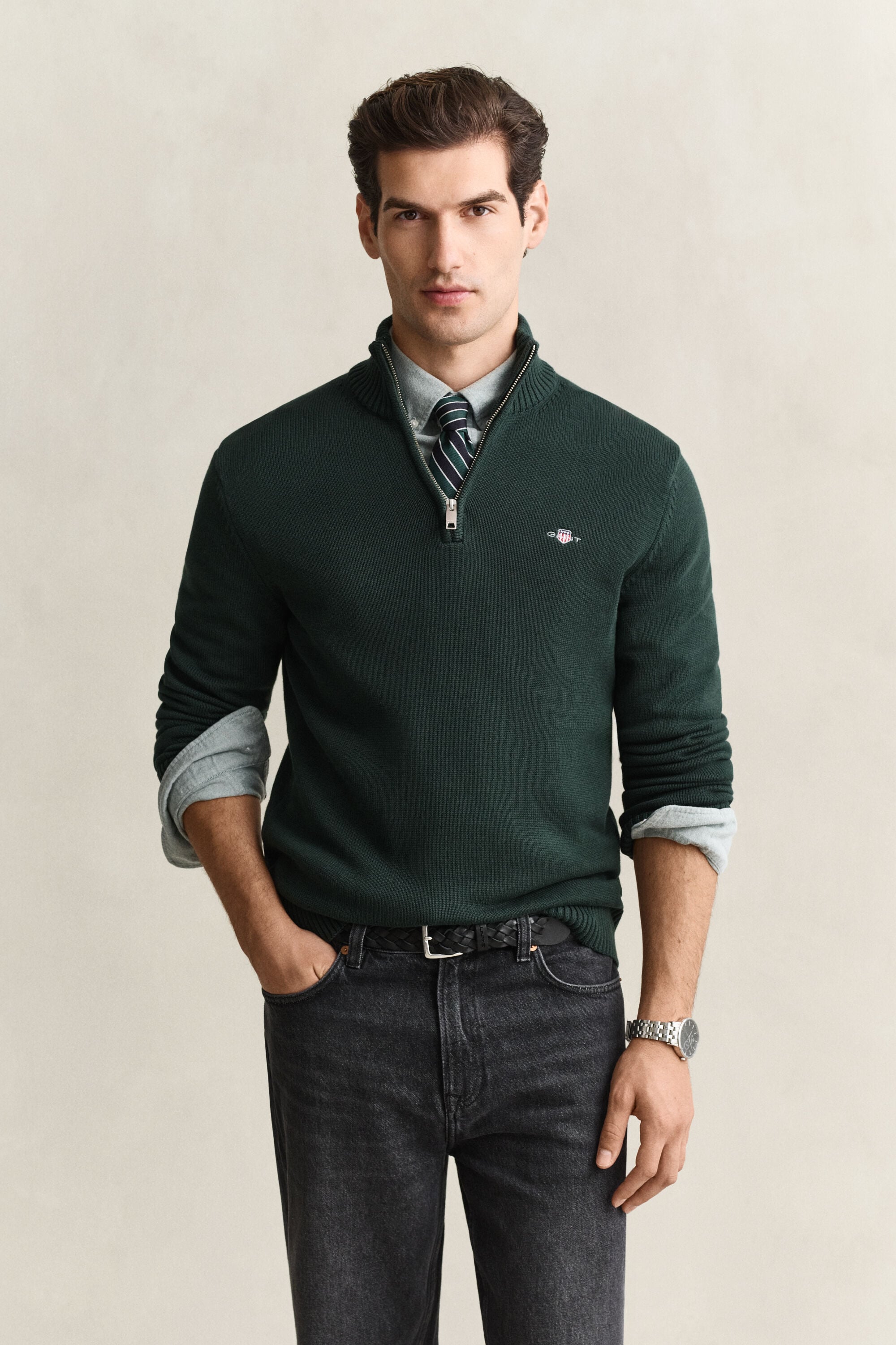 Camisola de malha em algodão com meio fecho Casual