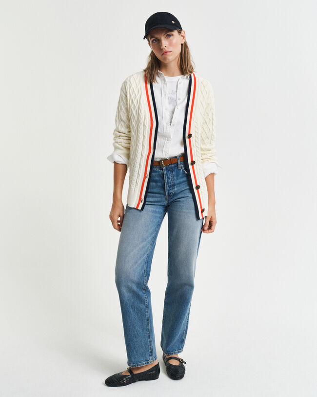 Casaco de malha entran&ccedil;ada contrastante