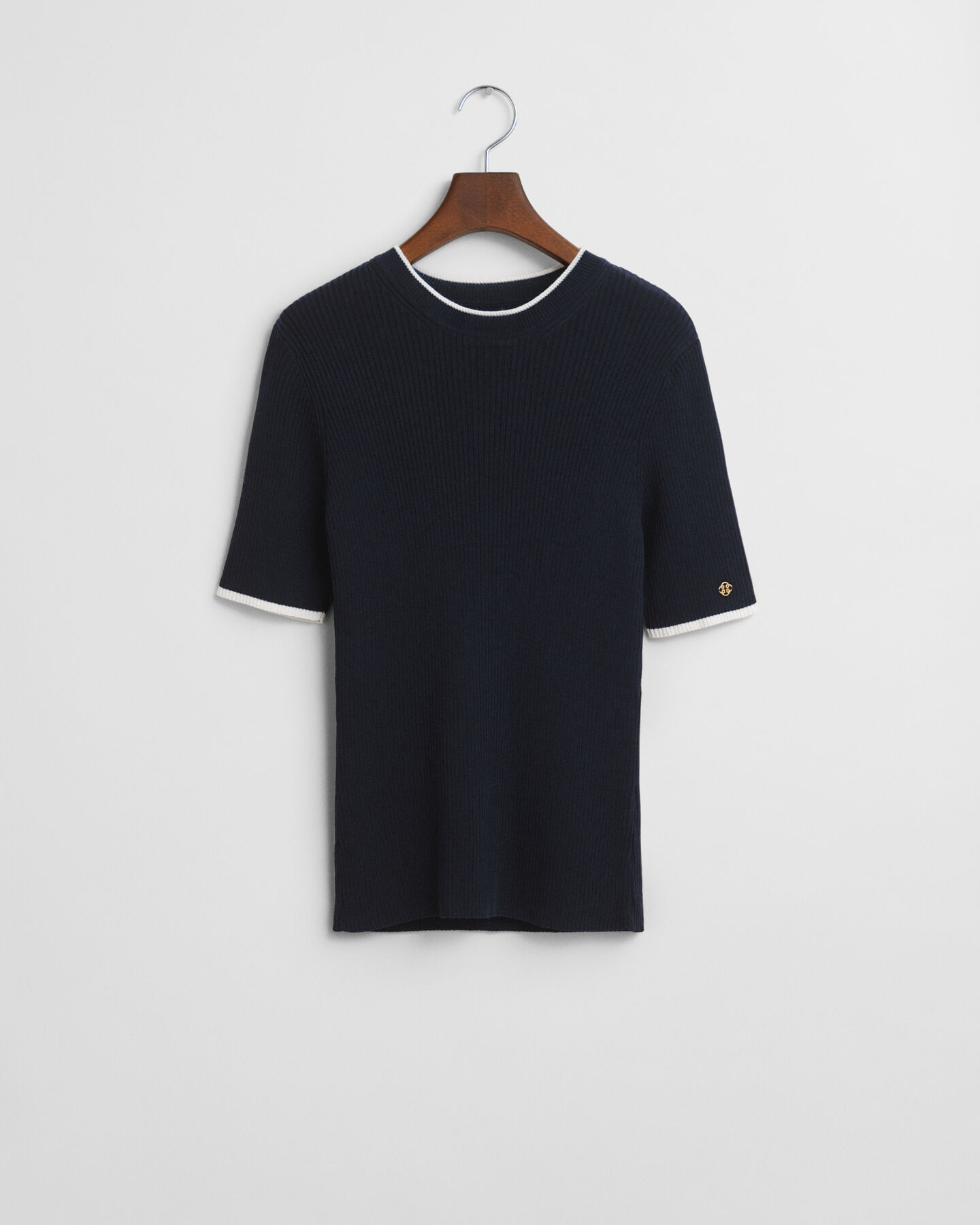 Camisola de malha canelada com decote redondo e manga curta Contrast