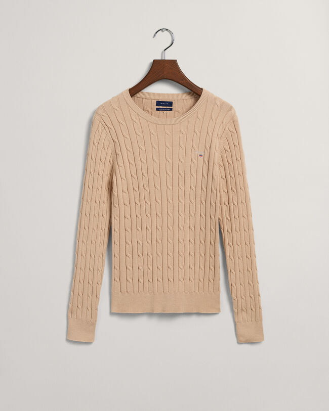 Pulover com decote redondo em malha entran&ccedil;ada de algod&atilde;o com elastano