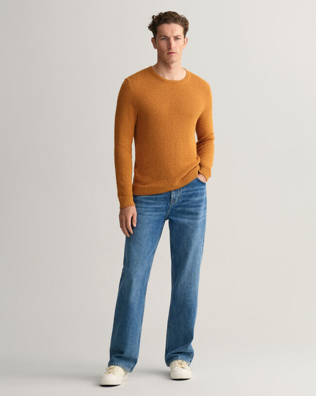 Pulover com decote redondo em linho e algod&atilde;o Textured