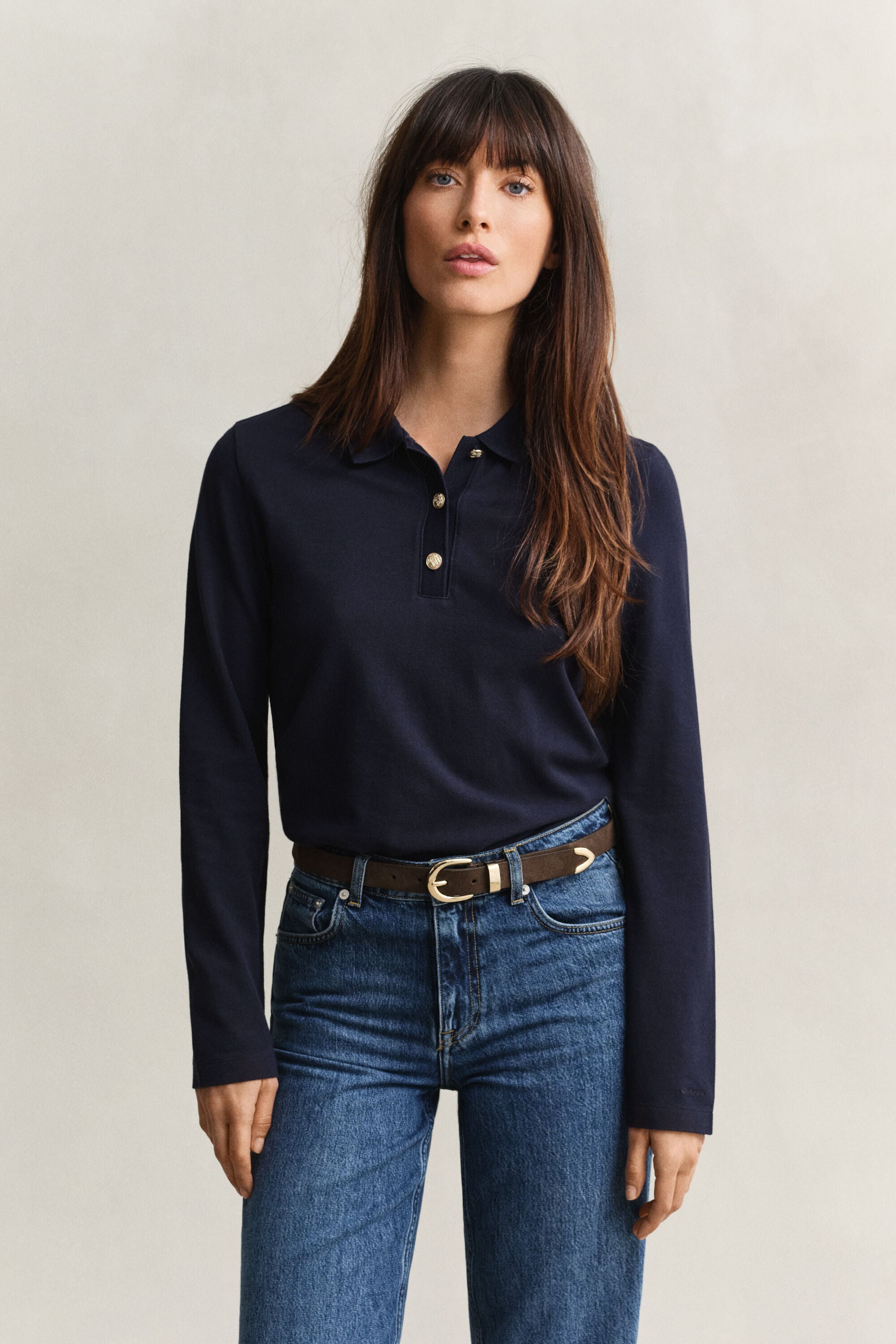 Camisola de manga comprida tipo polo em algodão piqué