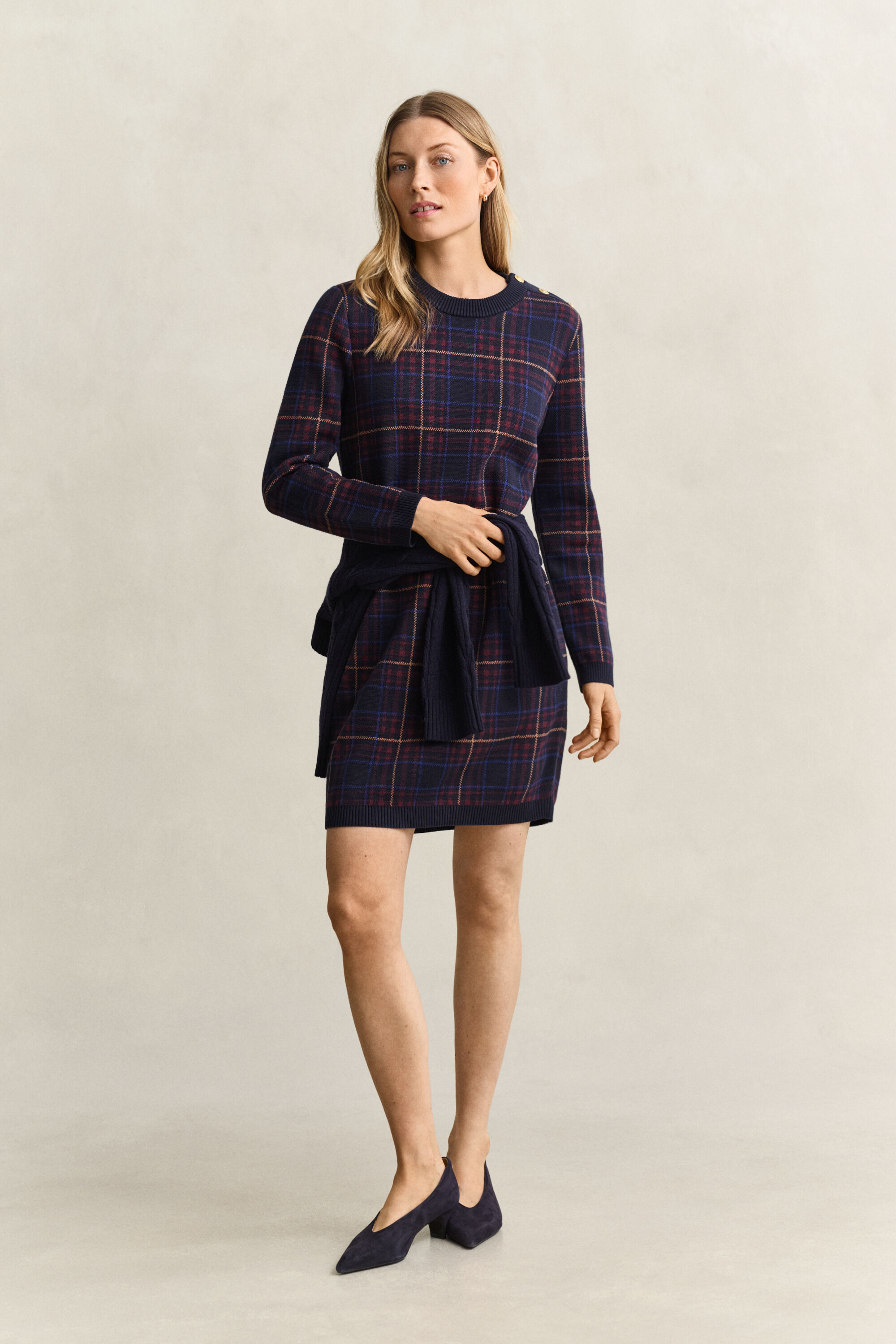 Vestido de malha com padrão de xadrez