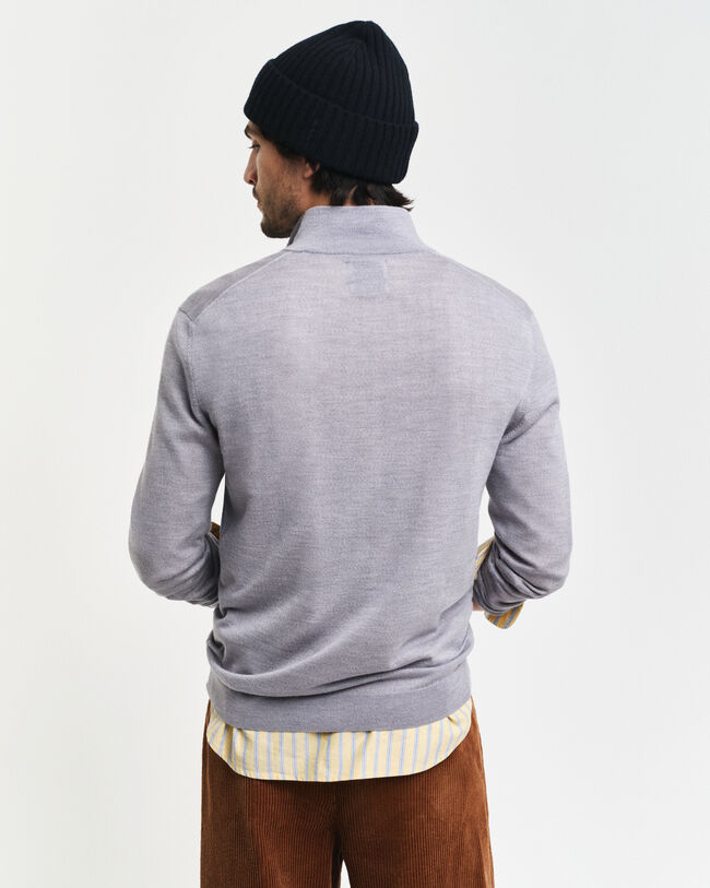 Camisola de malha com meio fecho de correr em l&atilde; de merino extrafina