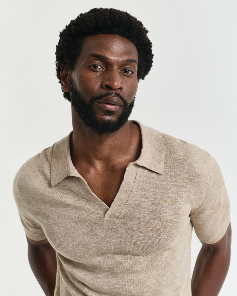 Camisola de malha estilo polo com manga curta em mistura de linho