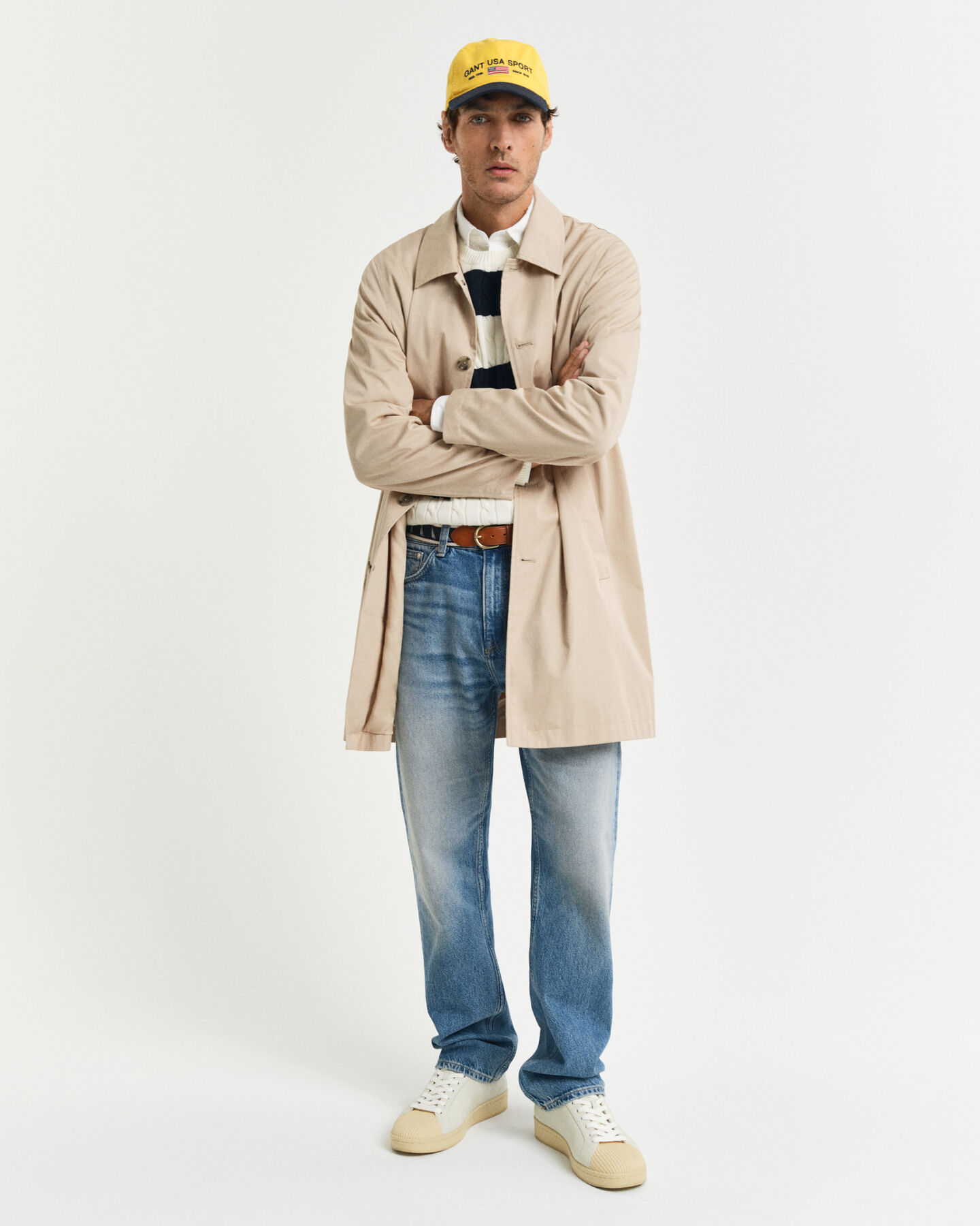 Camisola de malha entran&ccedil;ada de algod&atilde;o &agrave;s riscas com decote redondo