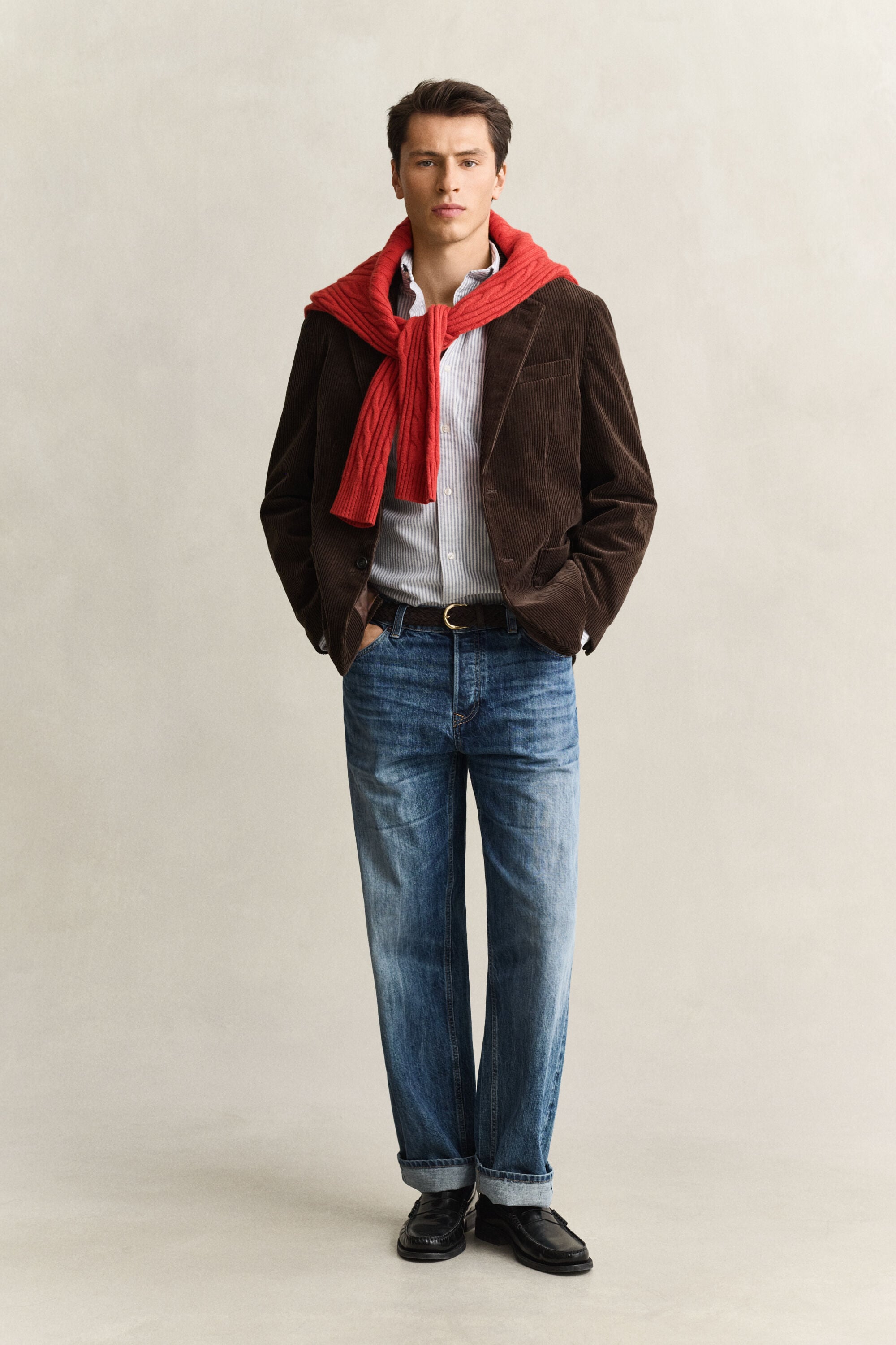 Camisa em algodão Oxford escovado às riscas