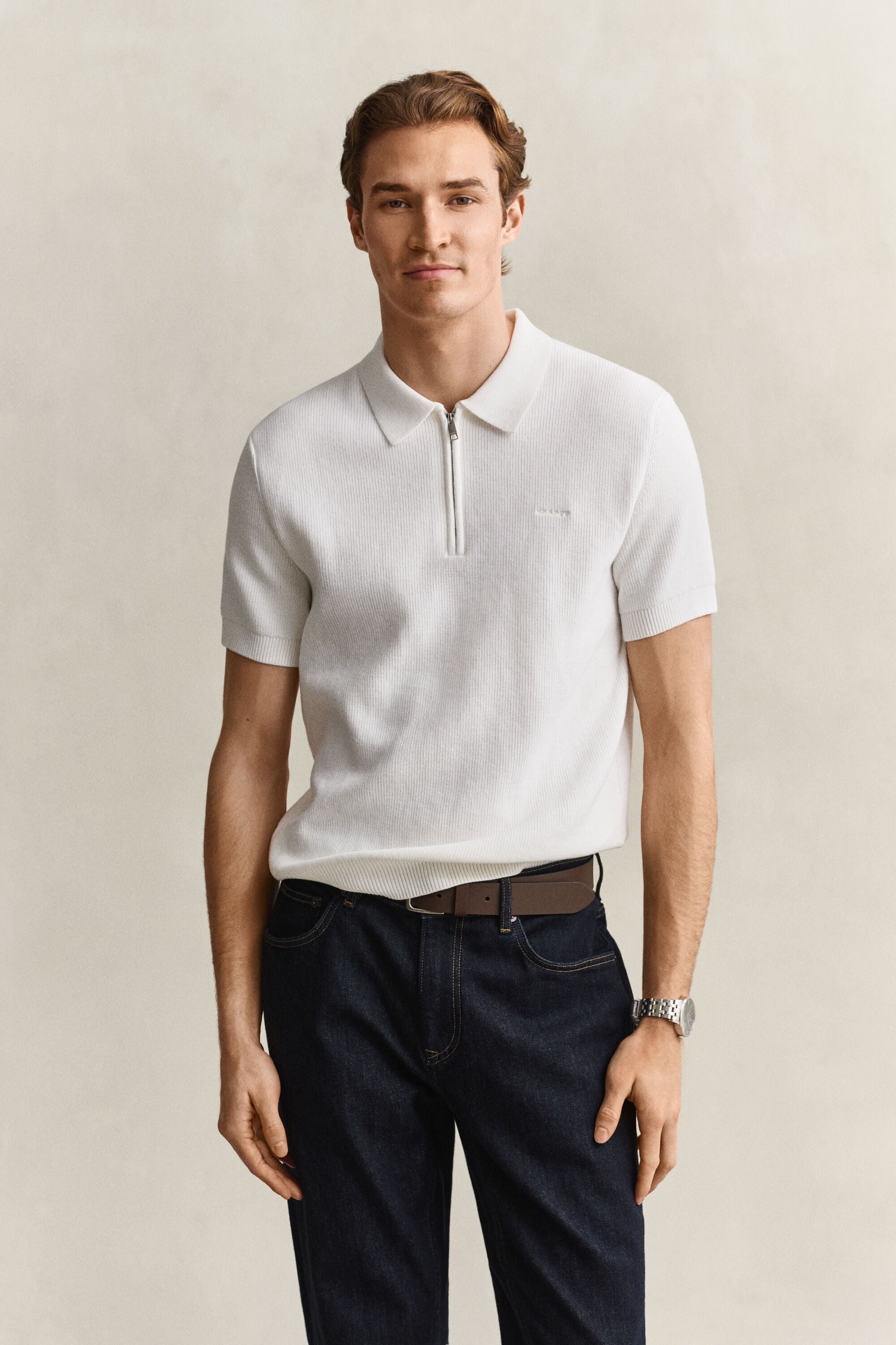 Camisola de malha tipo polo em algodão canelado