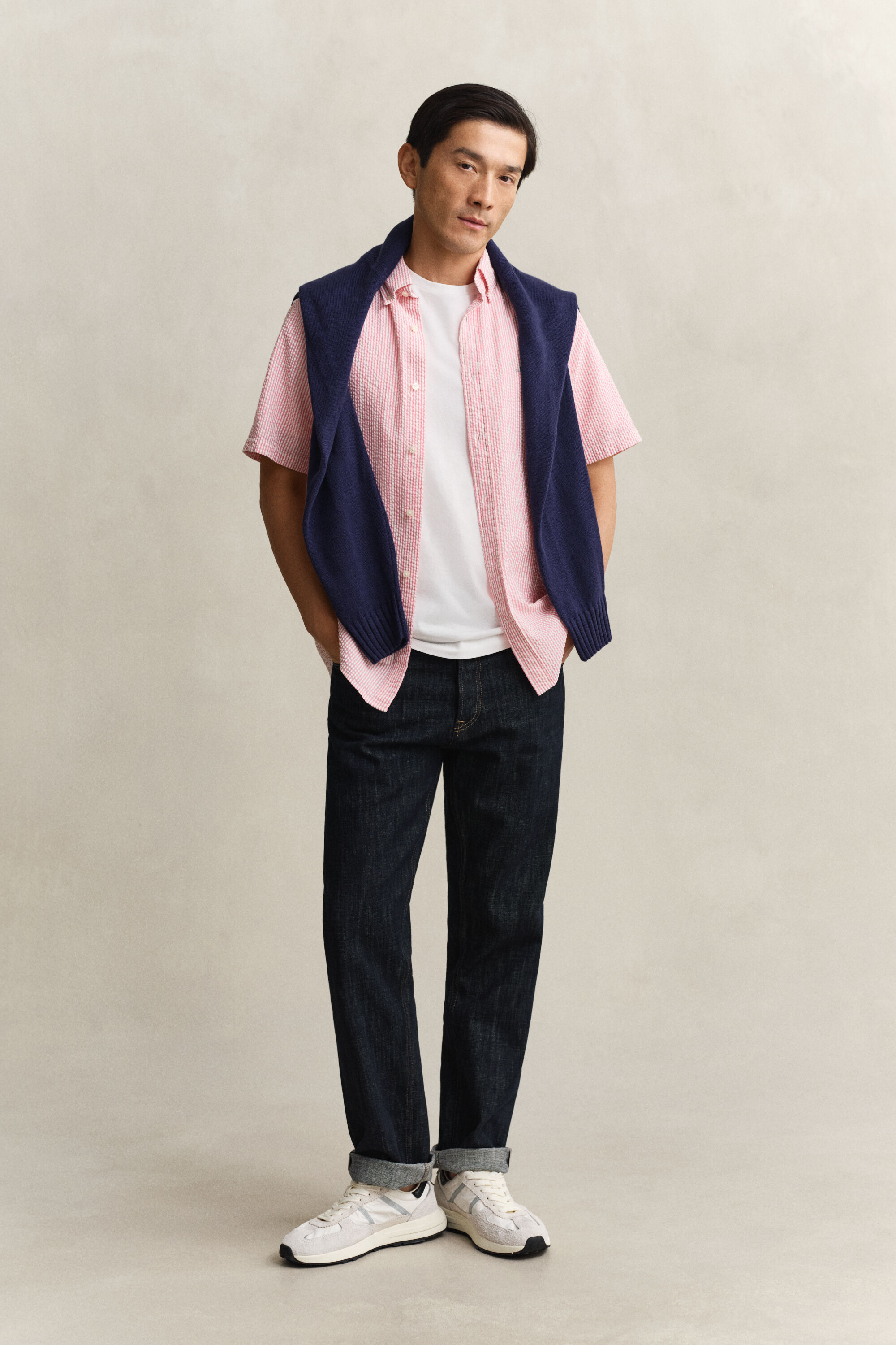 Camisa de manga curta Seersucker às riscas