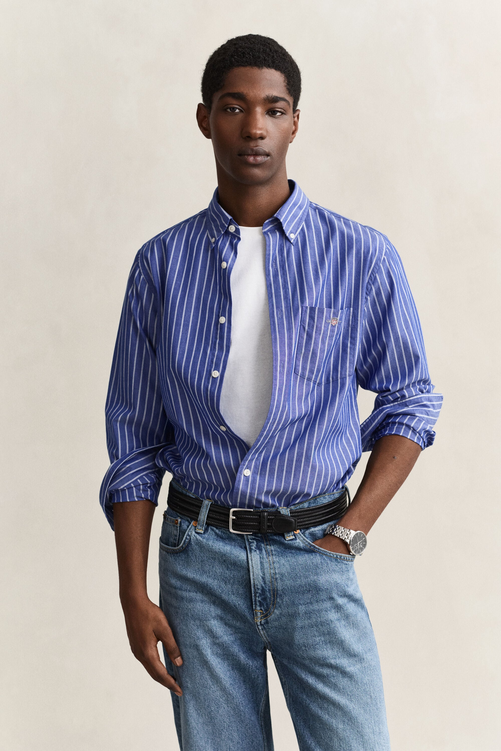 Camisa em popelina às riscas Classic