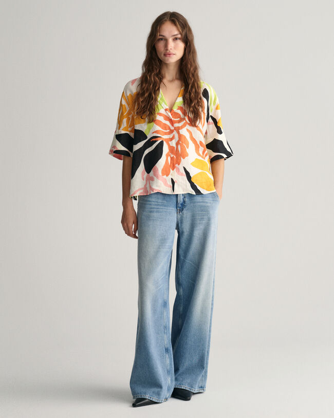 Camisa de manga curta em linho Palm Print relaxed fit