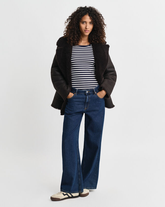 Camisola de mangas compridas em malha canelada às riscas