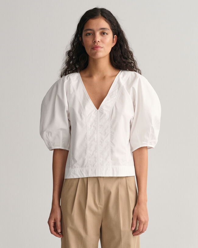 Top com decote em V e mangas de balão