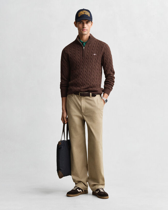 Camisola de malha entrançada de algodão com meio fecho de correr