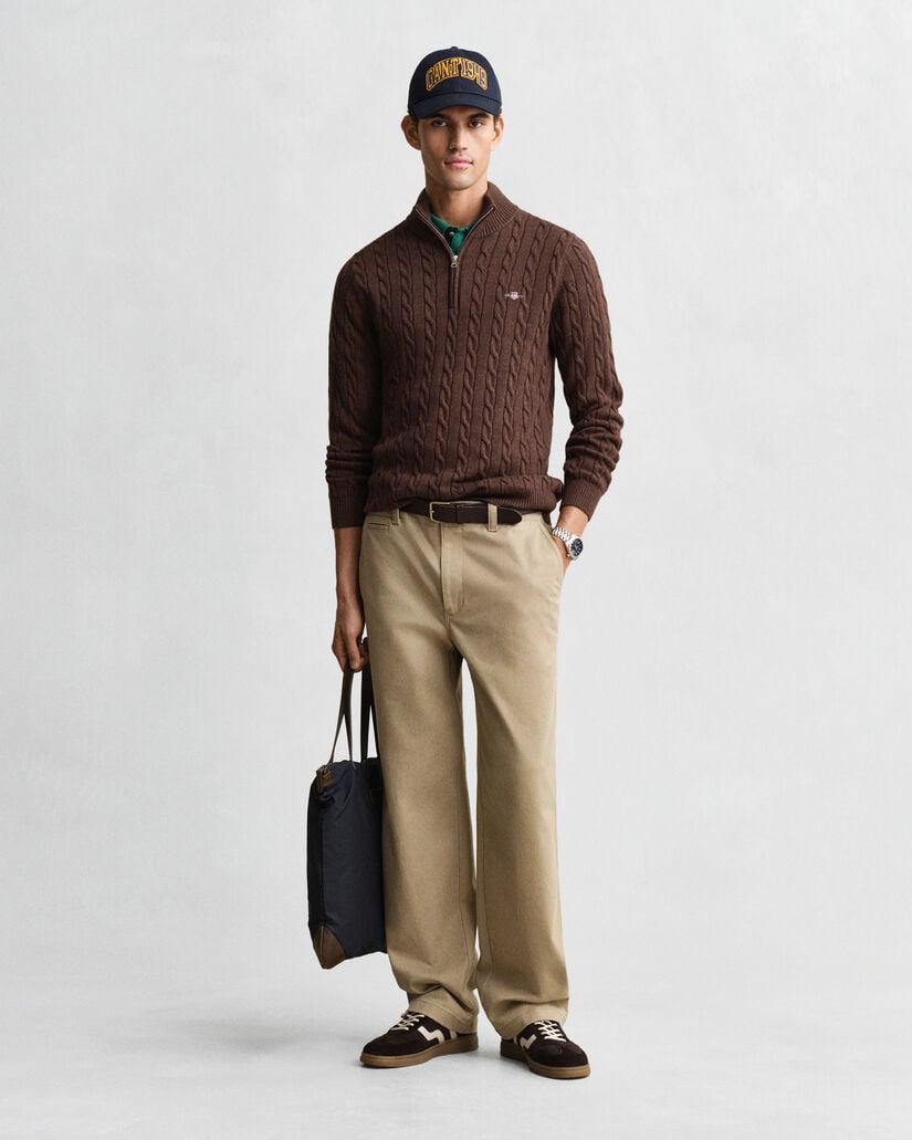 Camisola de malha entrançada de algodão com meio fecho de correr