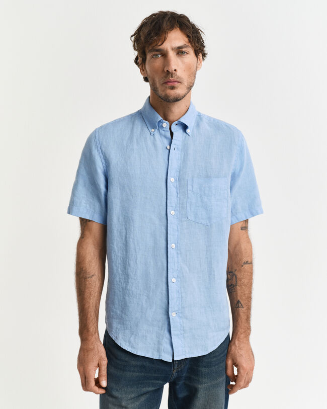 Camisa de linho tingida com manga curta regular fit