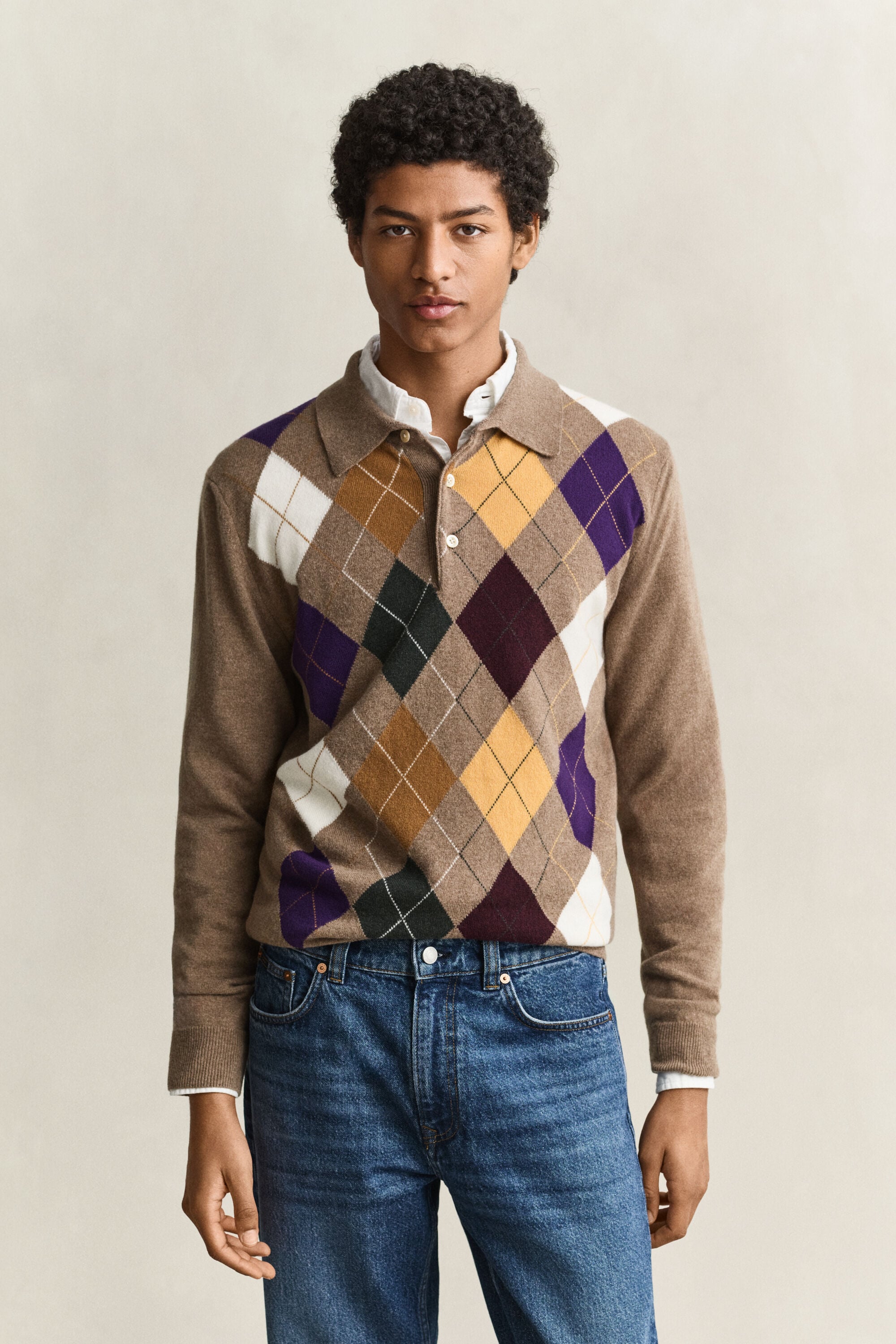 Camisola de malha tipo polo em lã extrafina Argyle