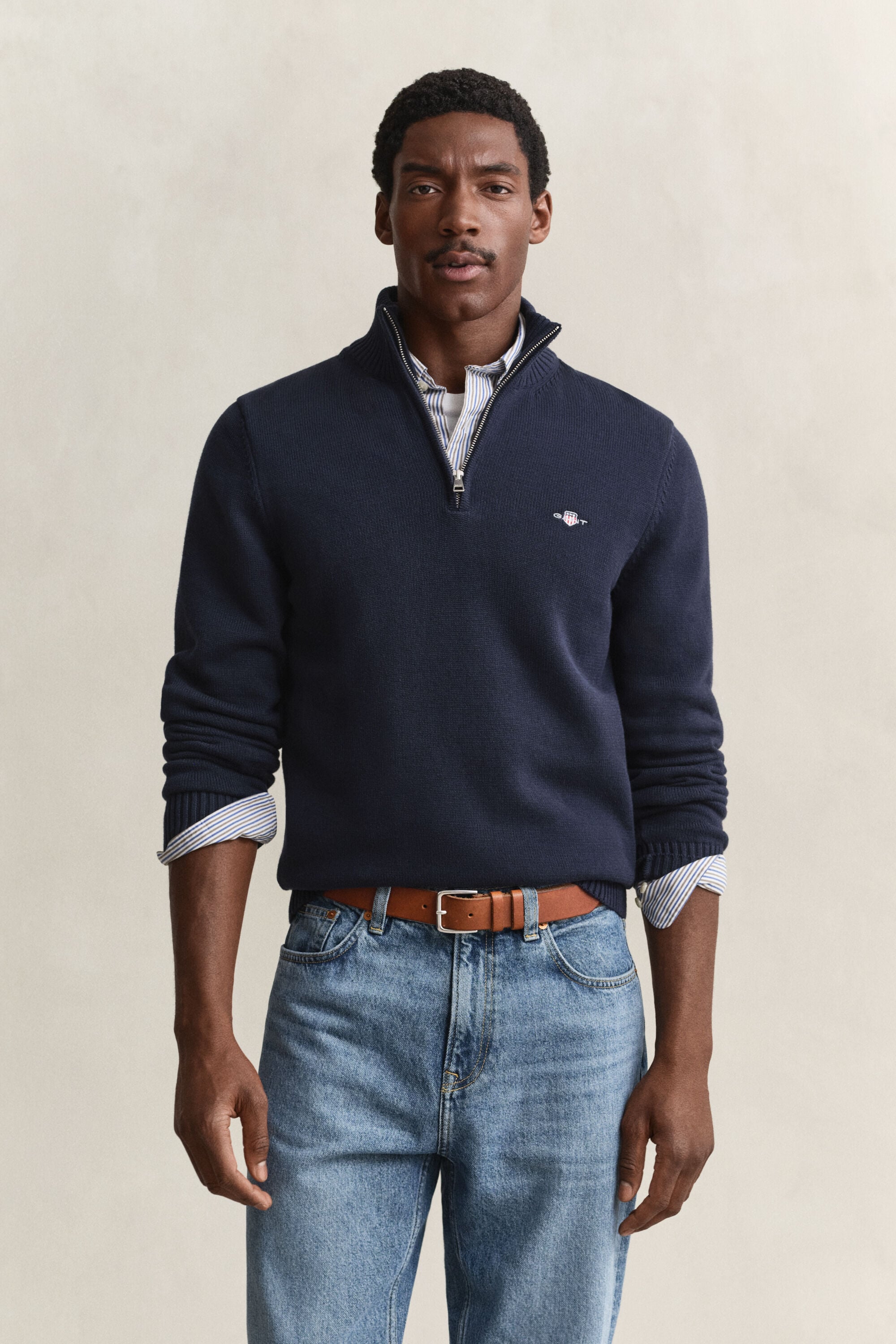 Camisola de malha em algodão com meio fecho Casual