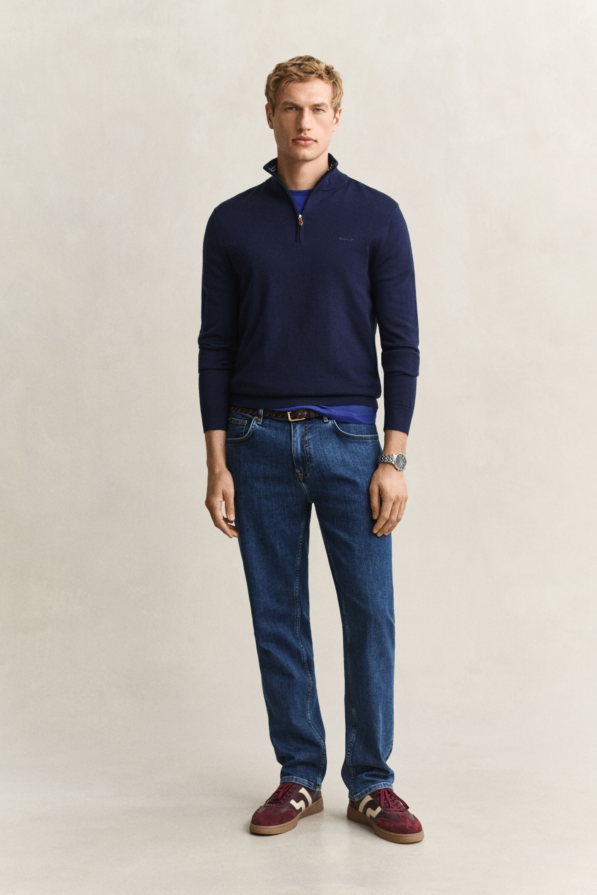 Camisola de malha com meio fecho de correr em lã de merino