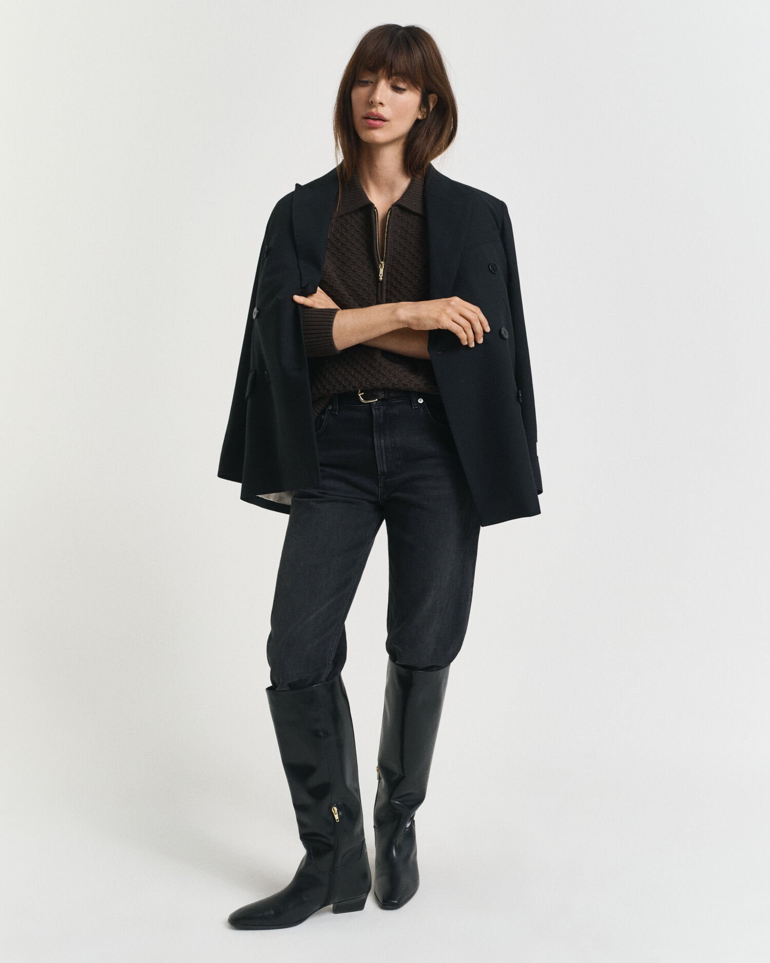 Camisola de malha com meio fecho em algodão texturizado