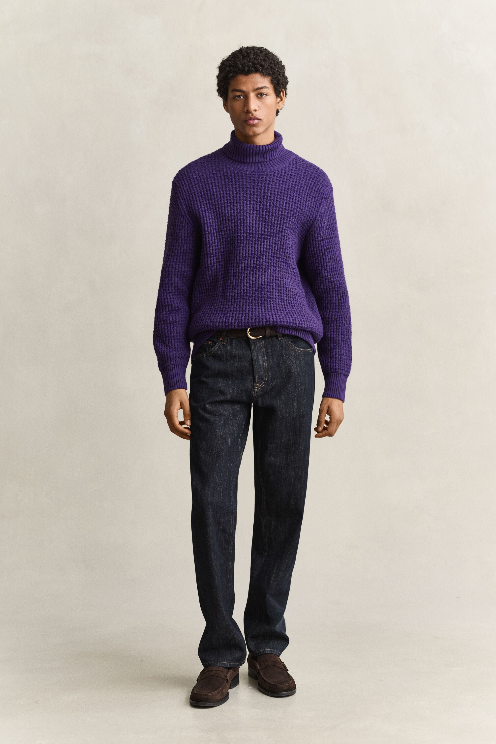 Camisola de gola alta em lã e algodão Textured