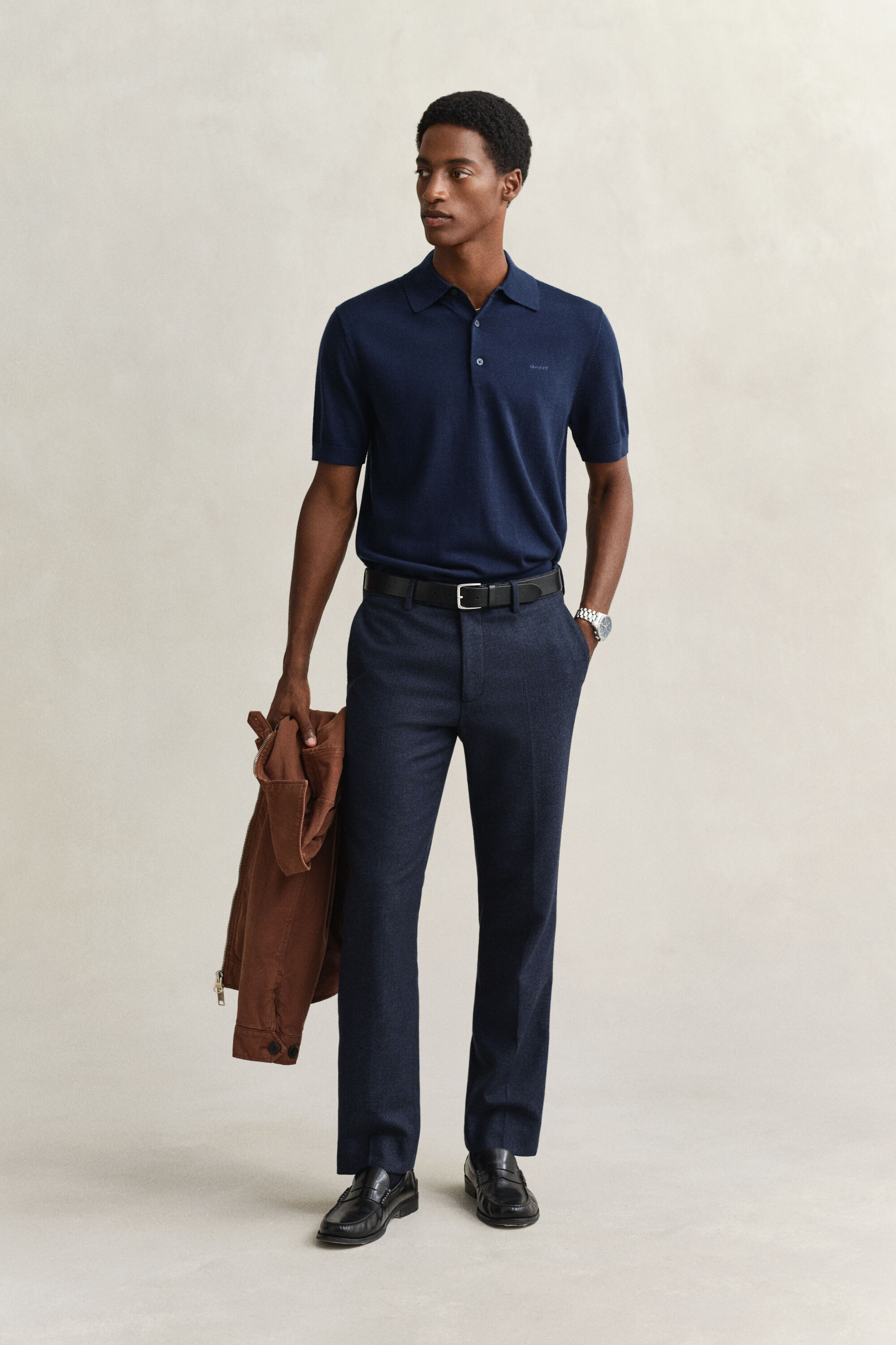 Camisola de malha estilo polo de manga curta em lã de merino extrafina