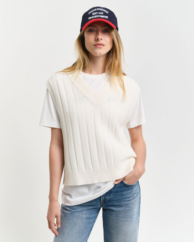 Colete com decote em V em lã com canelado largo