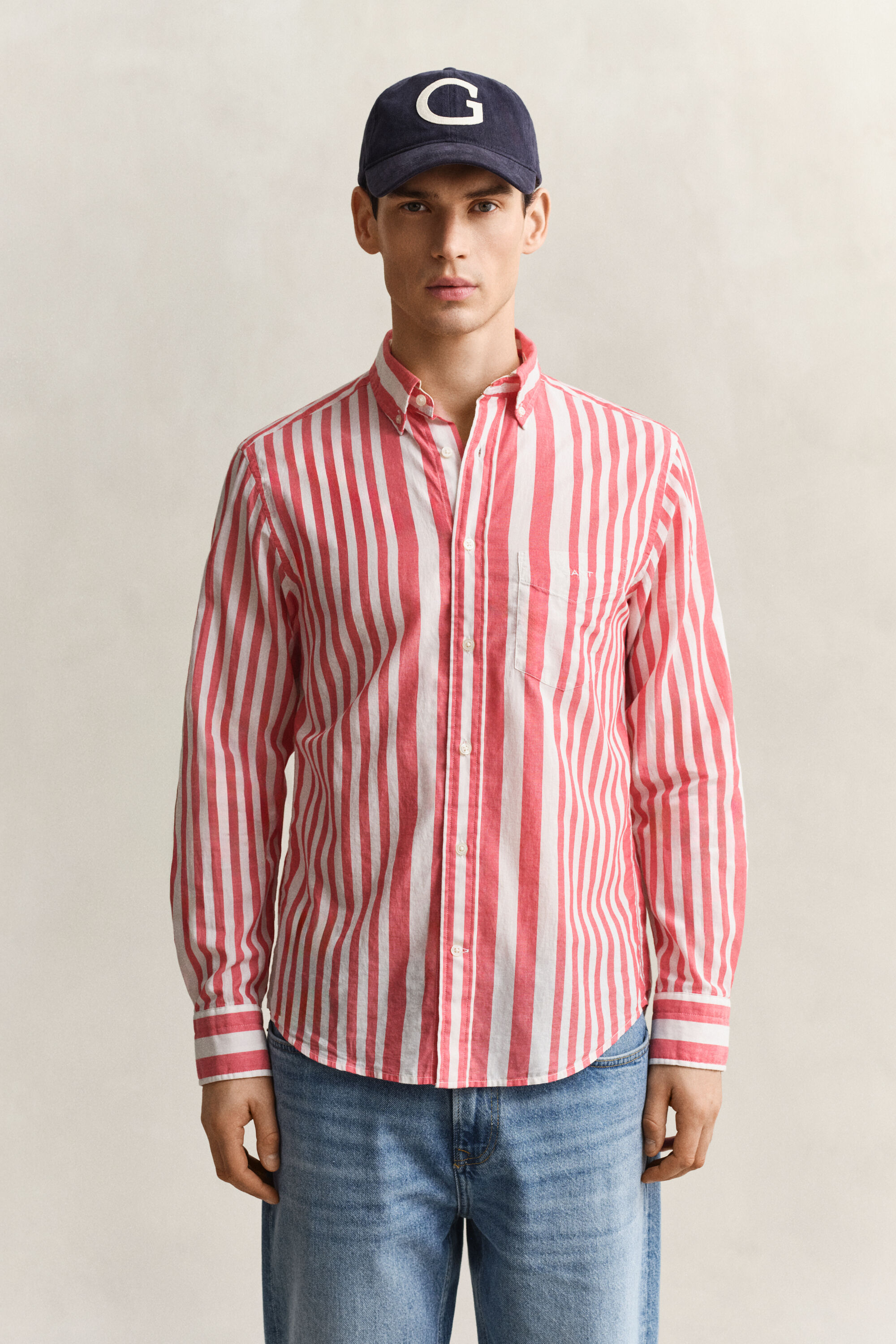 Camisa em voile de algodão às riscas