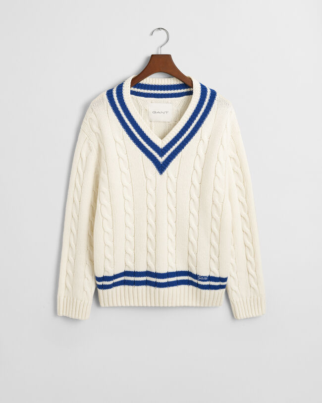 Pullover com decote em V em malha entrançada