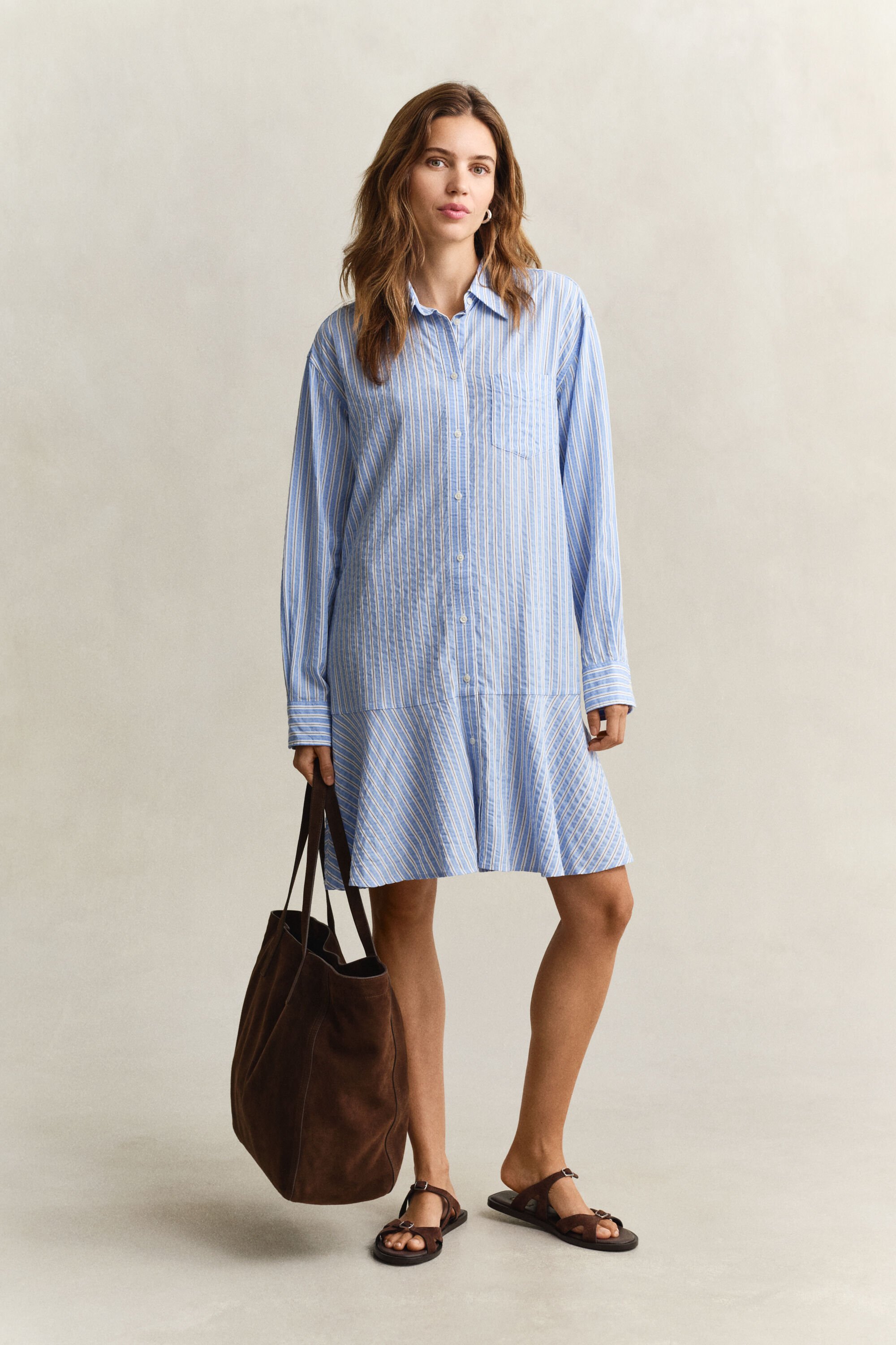 Vestido-camisa às riscas Seersucker