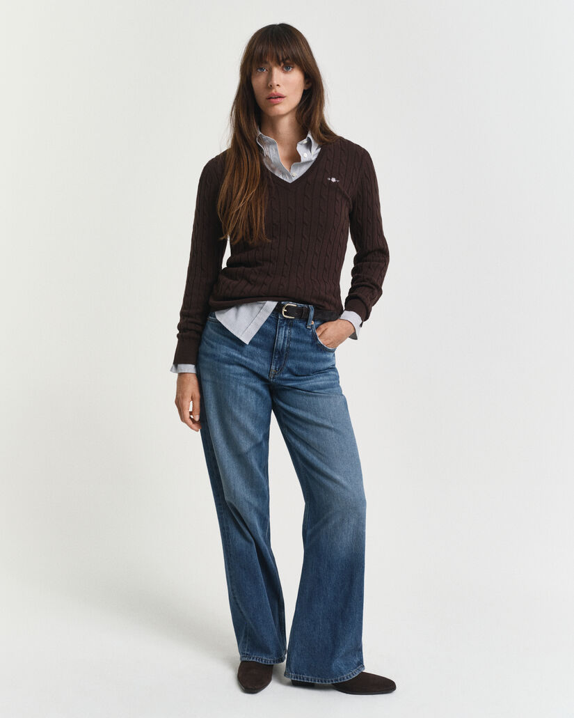 Camisola de malha entrançada com decote em V em algodão com elastano