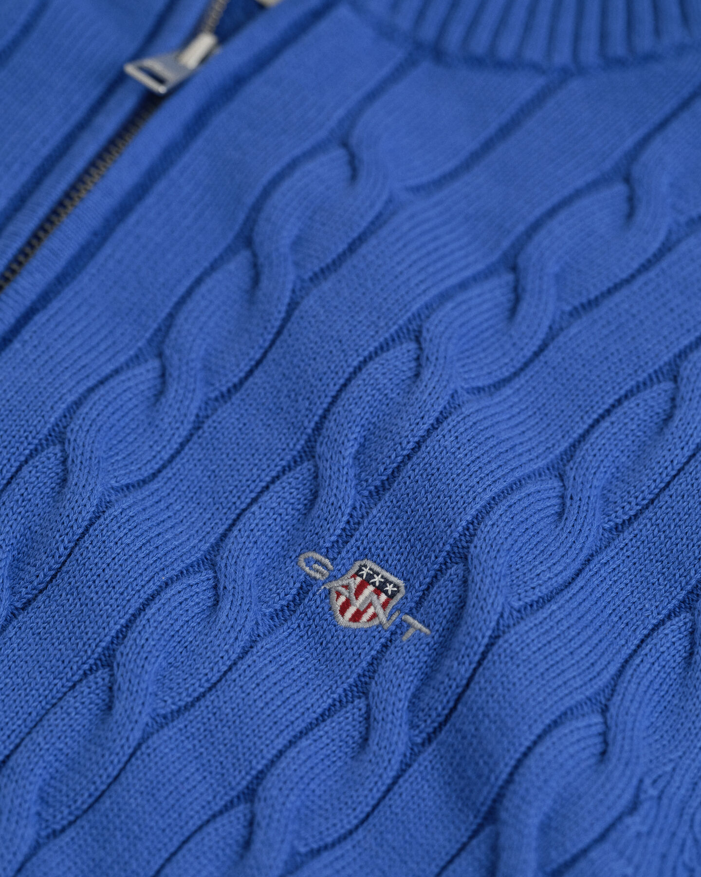 Camisola de malha entrançada de algodão com meio fecho de correr