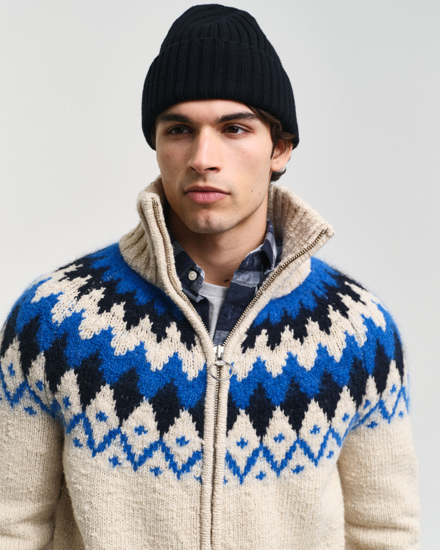 Casaco de malha com fecho de correr Jacquard