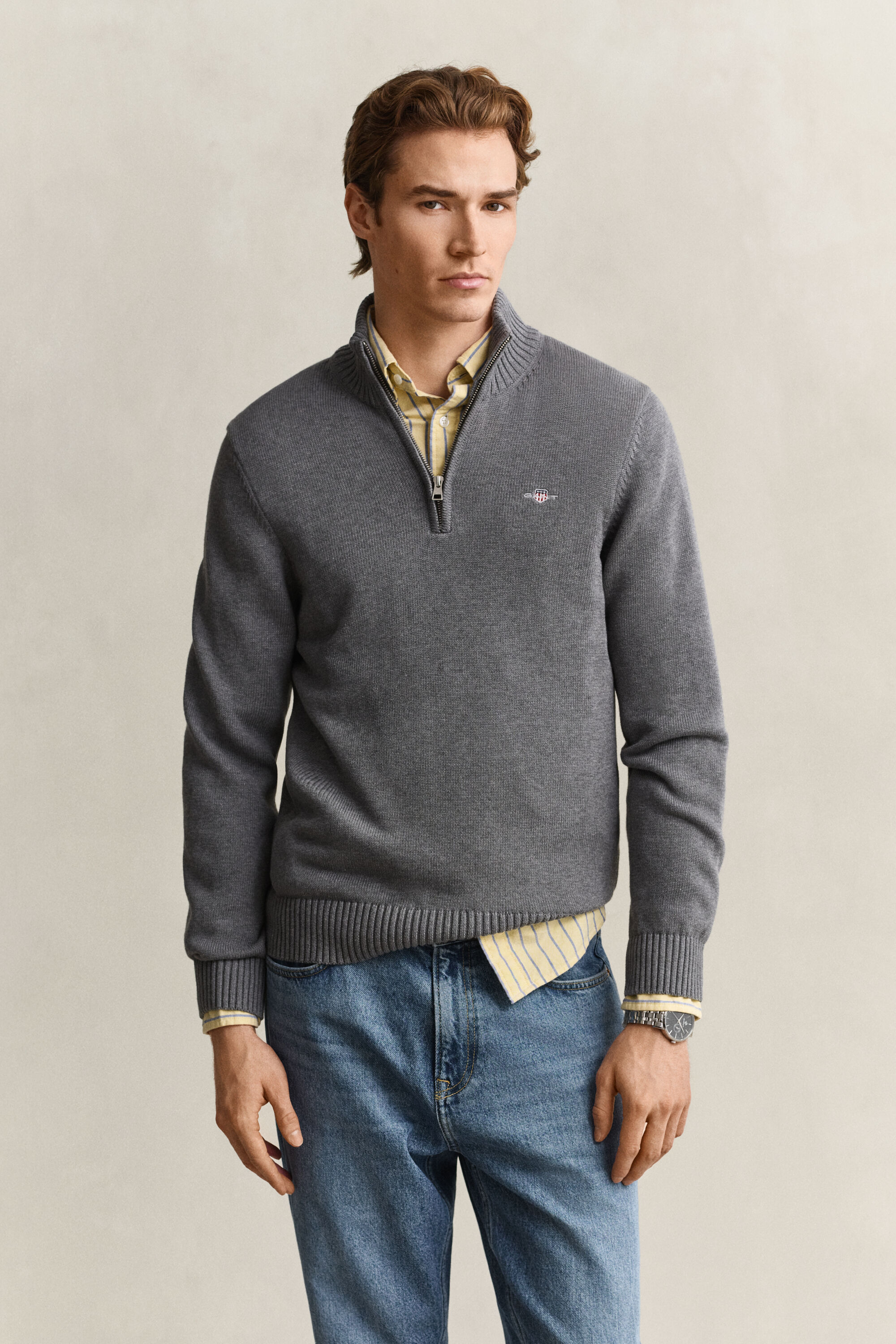 Camisola de malha em algodão com meio fecho Casual