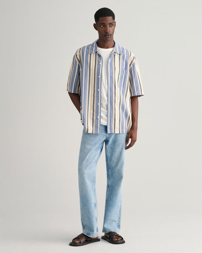 Camisa de manga curta &agrave;s riscas largas relaxed fit