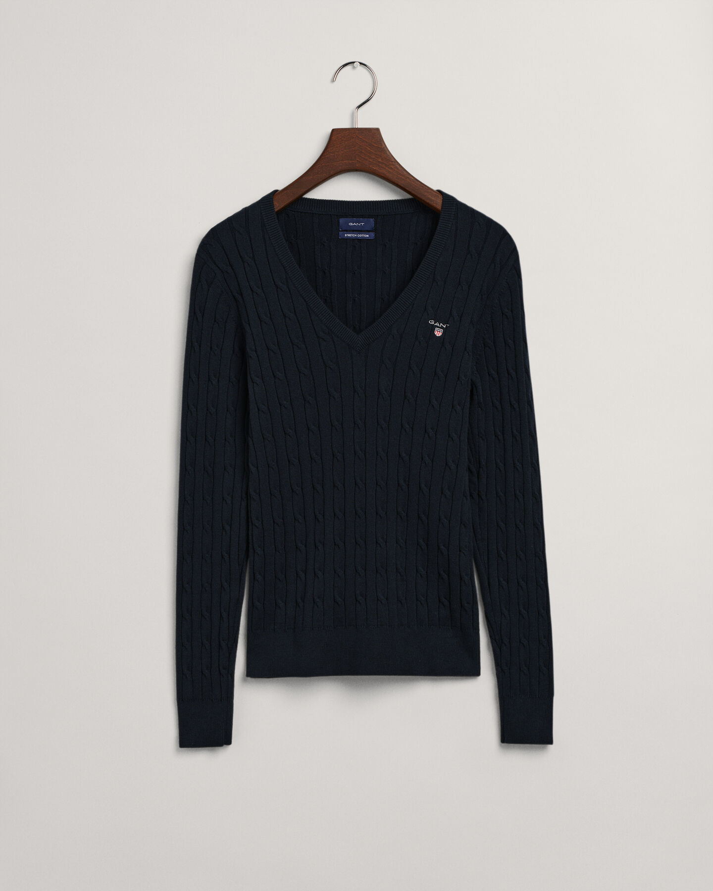 Pulover com decote em V entrelaçada em algodão com elastano