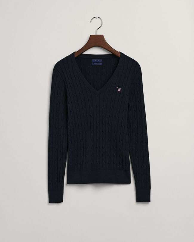 Pulover com decote em V entrelaçada em algodão com elastano