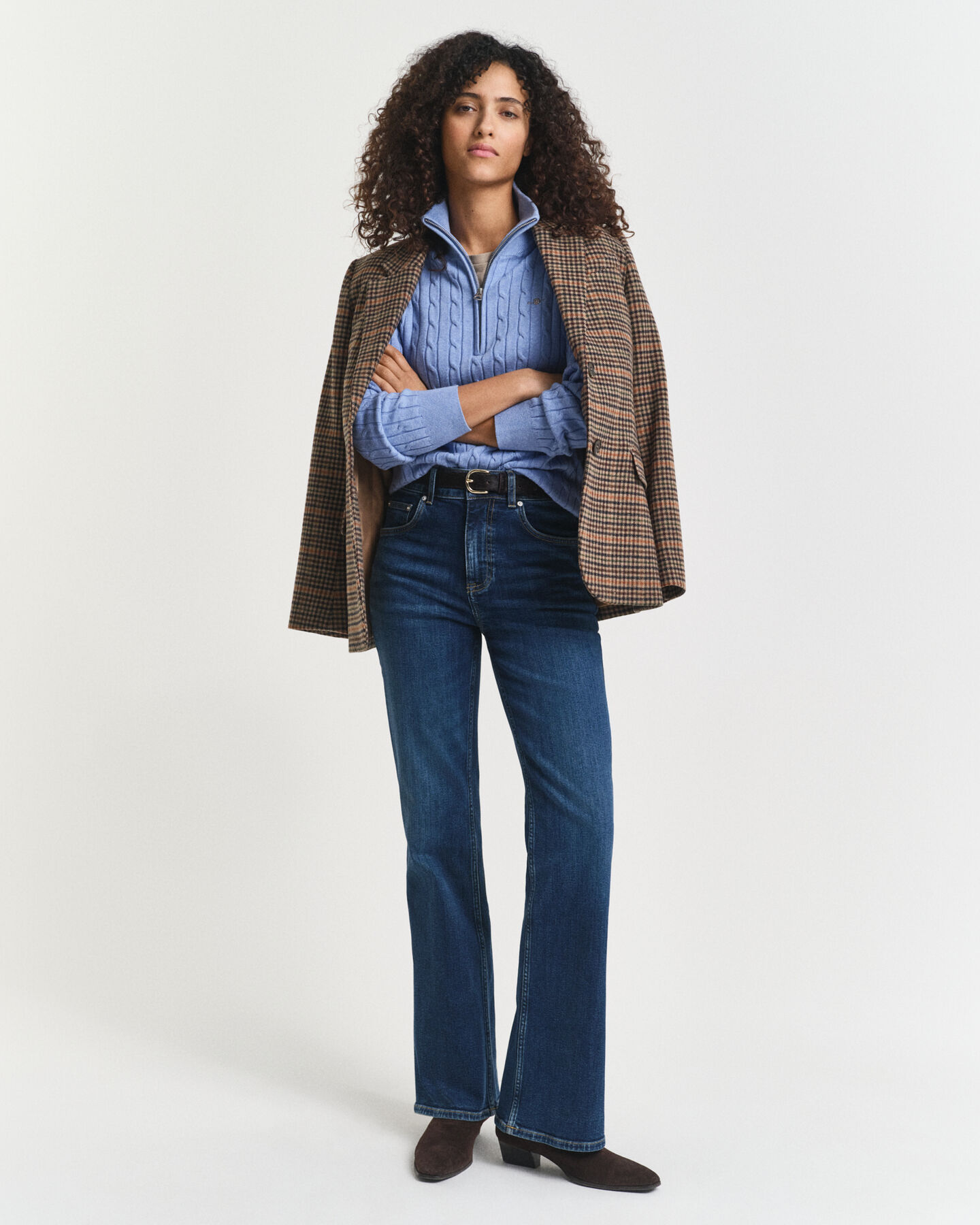 Camisola de malha entrançada em algodão com elastano e meio fecho de correr