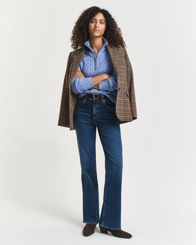 Camisola de malha entrançada em algodão com elastano e meio fecho de correr