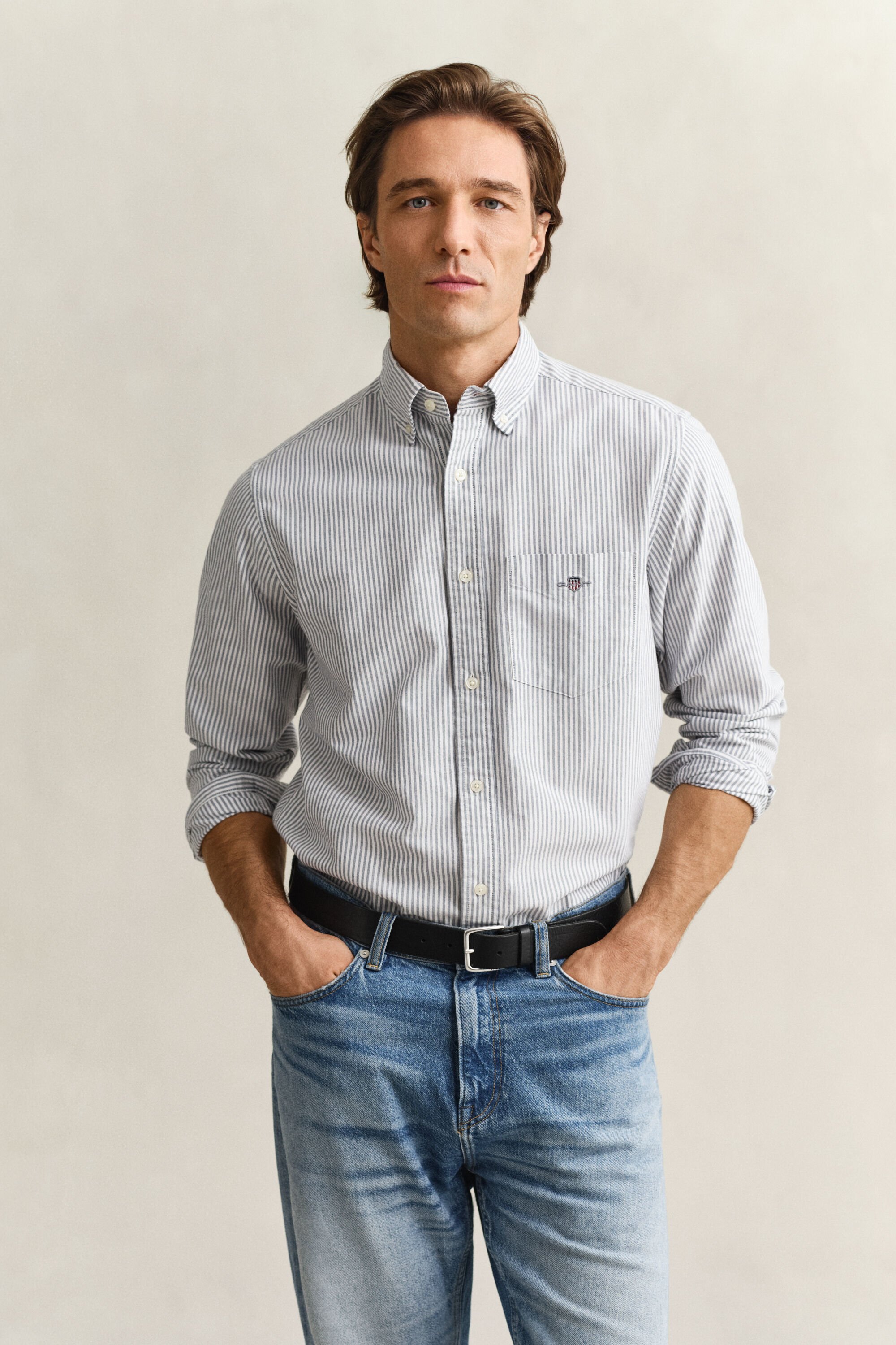 Camisa Oxford às riscas finas Classic