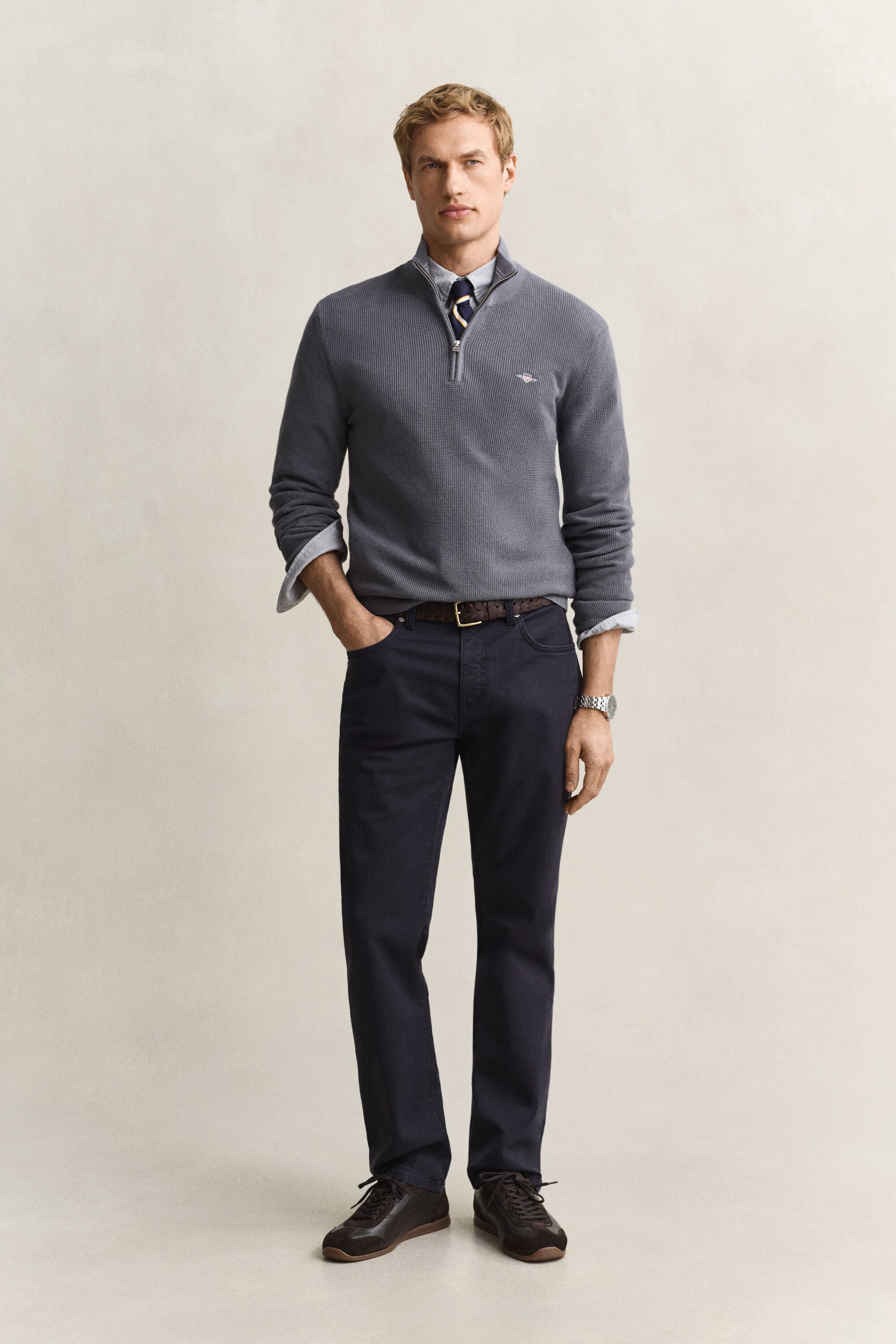 Camisola de malha com meio fecho em algodão texturizado