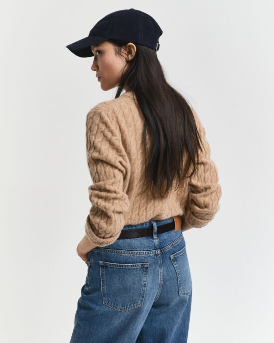 Camisola de malha entrançada com decote redondo em caxemira