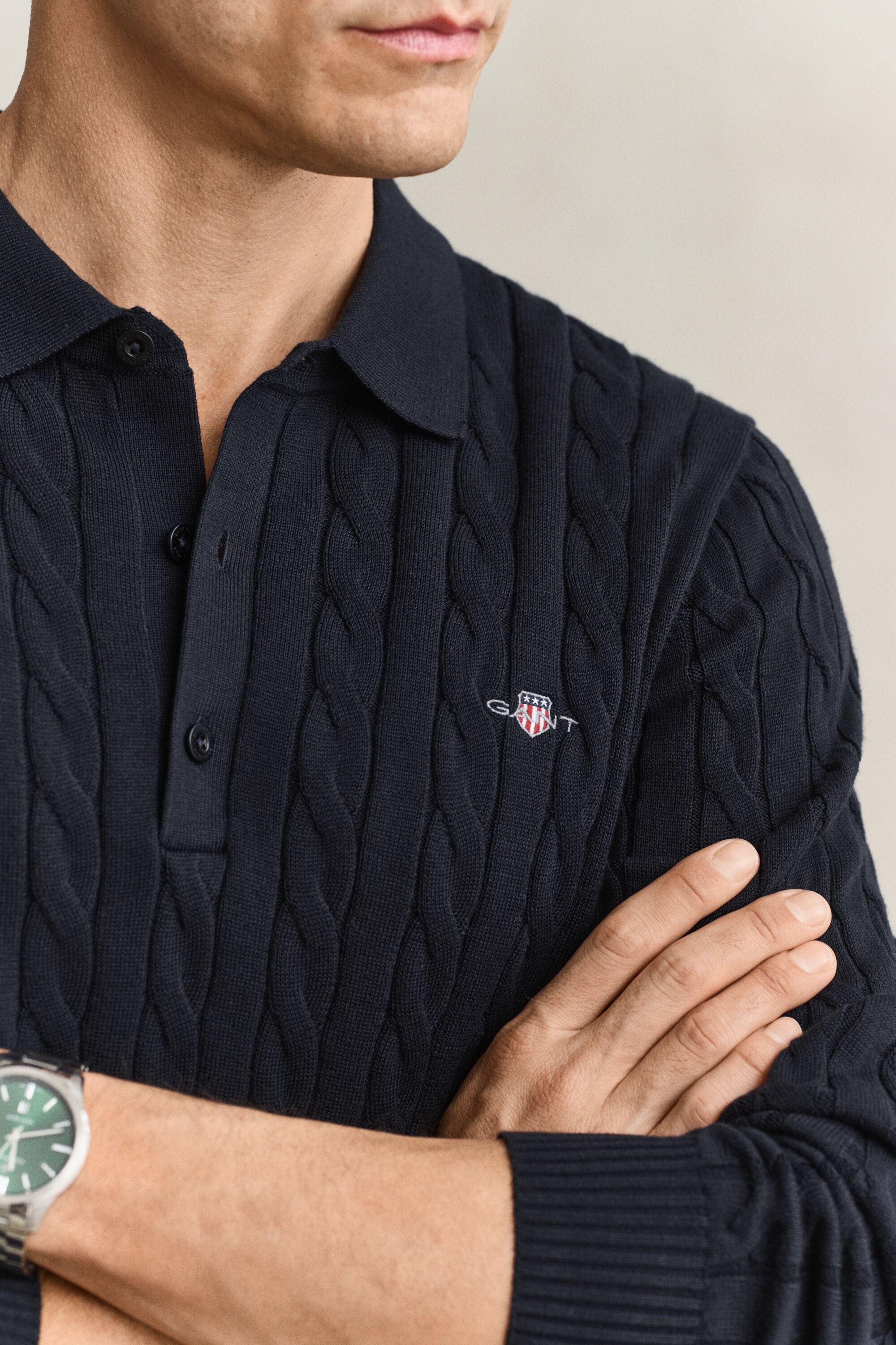 Camisola de malha tipo polo em malha entrançada de algodão