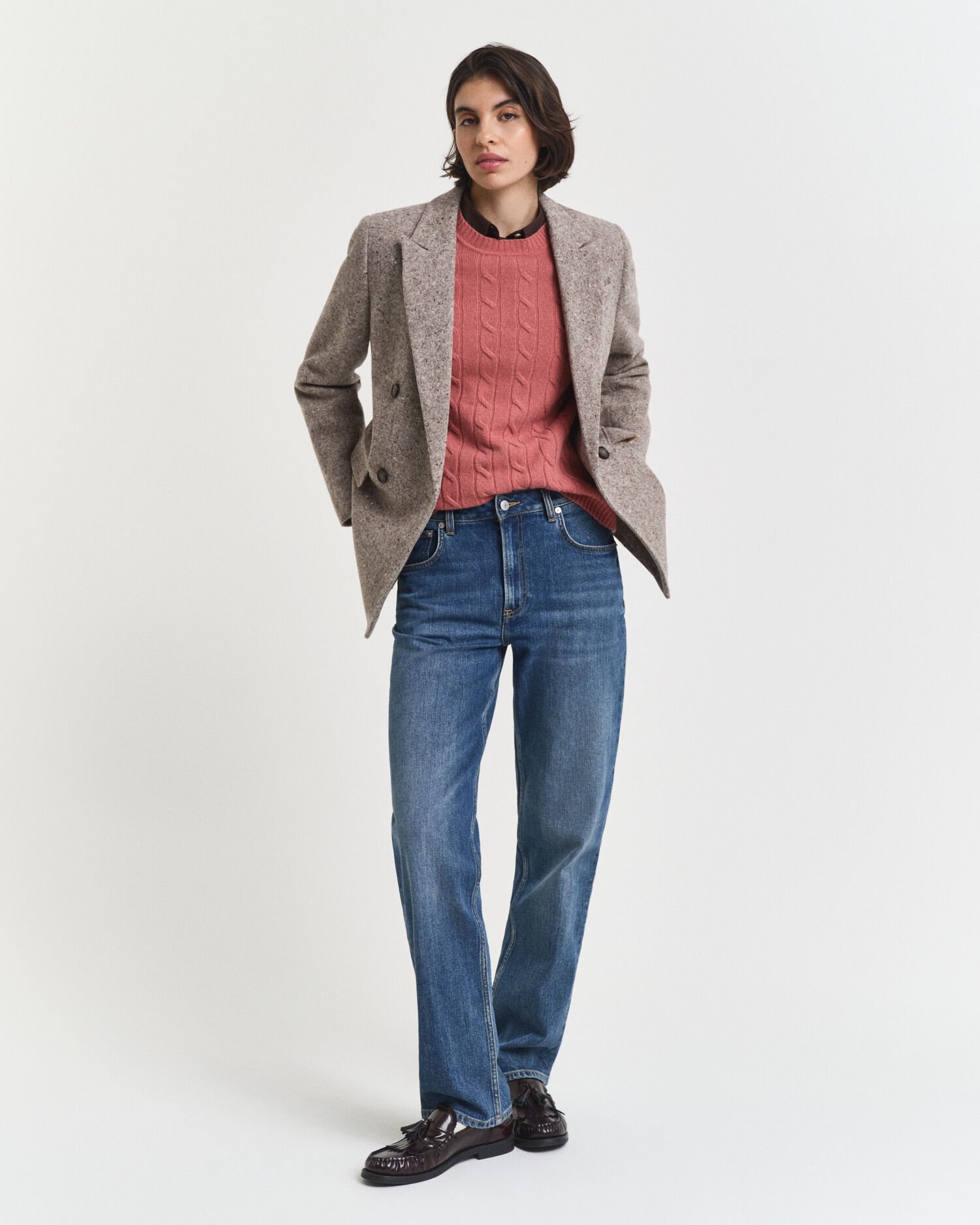 Camisola de malha entrançada de lã com decote redondo