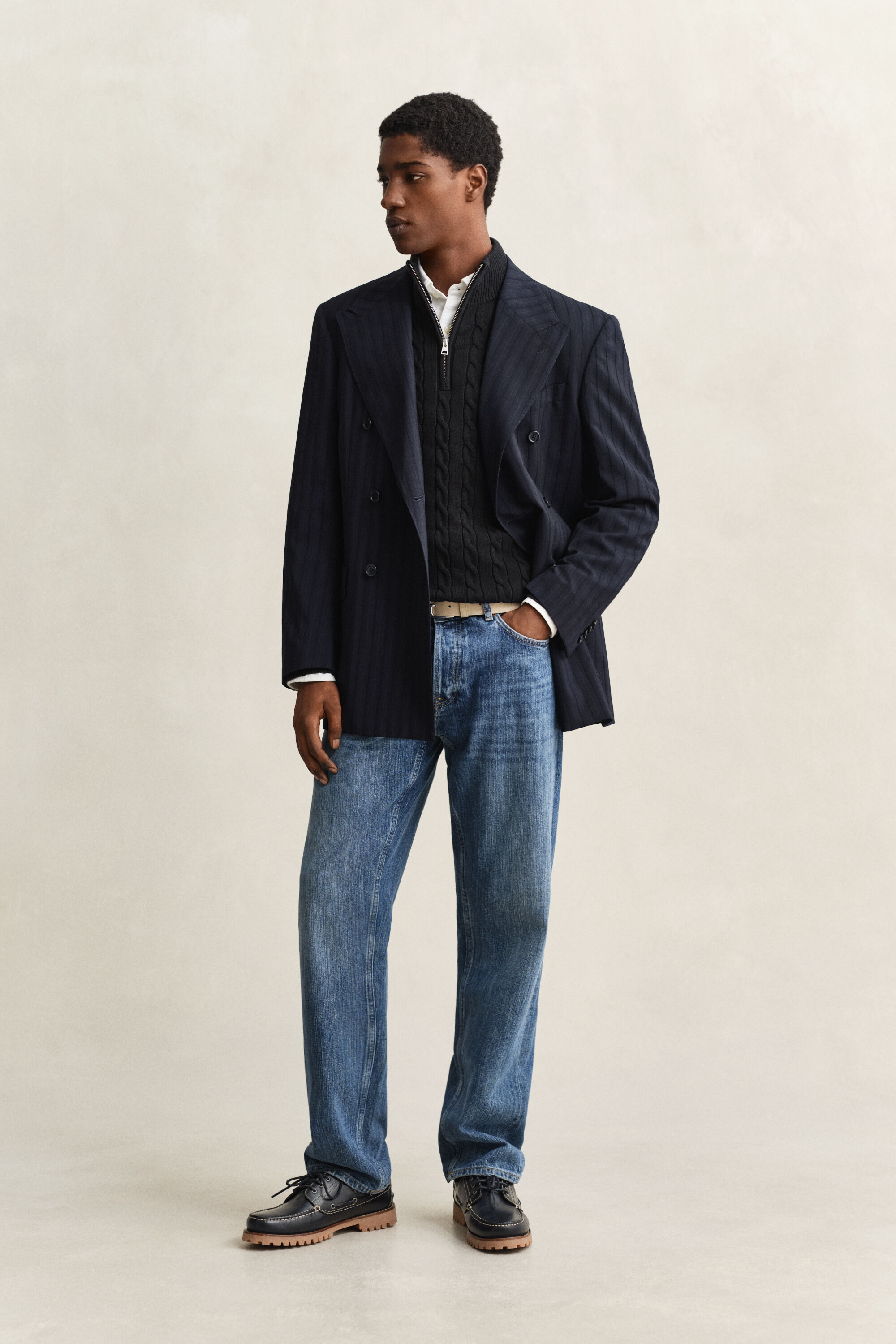 Camisola de malha entrançada de algodão com meio fecho de correr