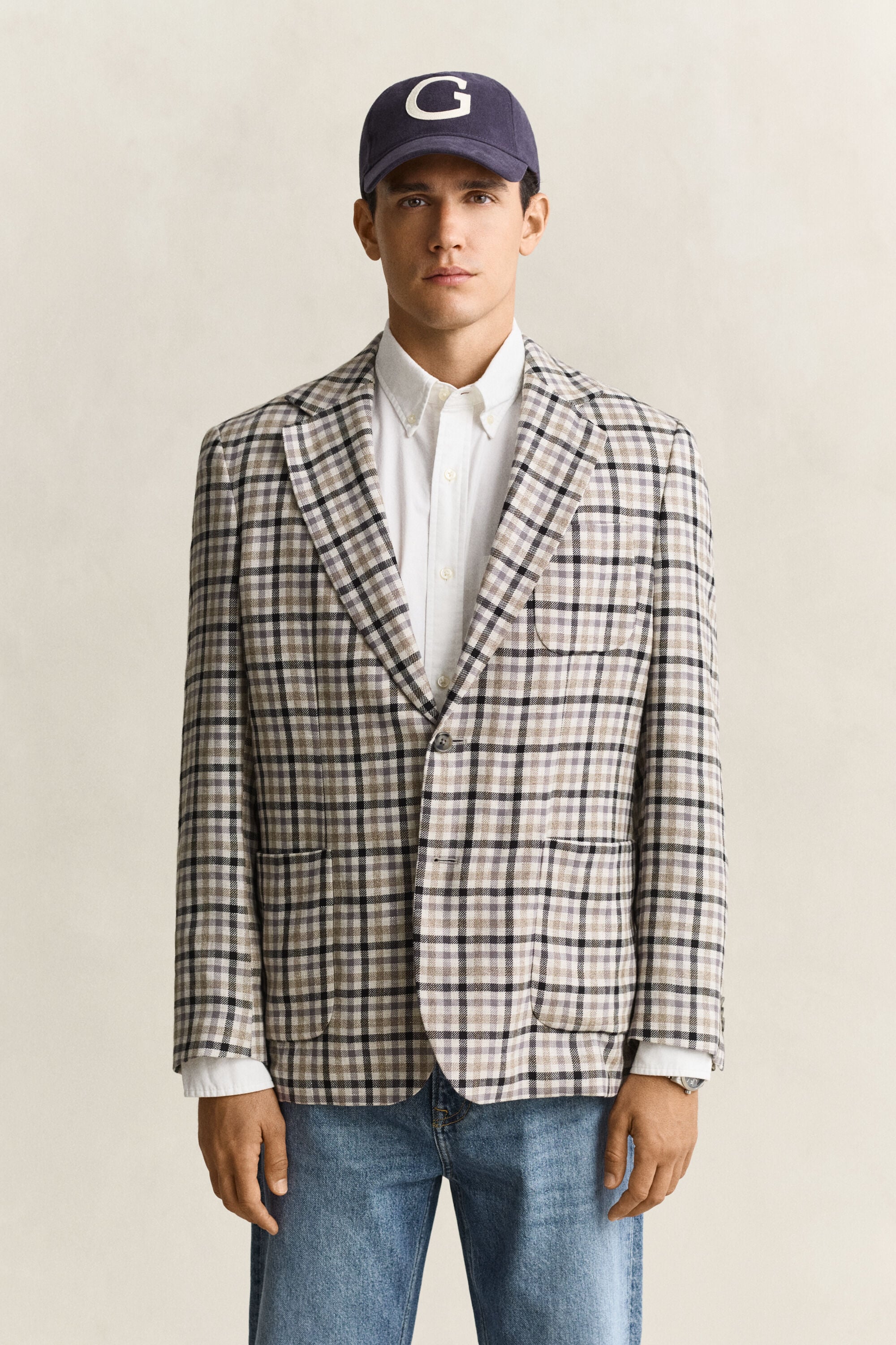 Blazer com padrão de xadrez em lã e linho