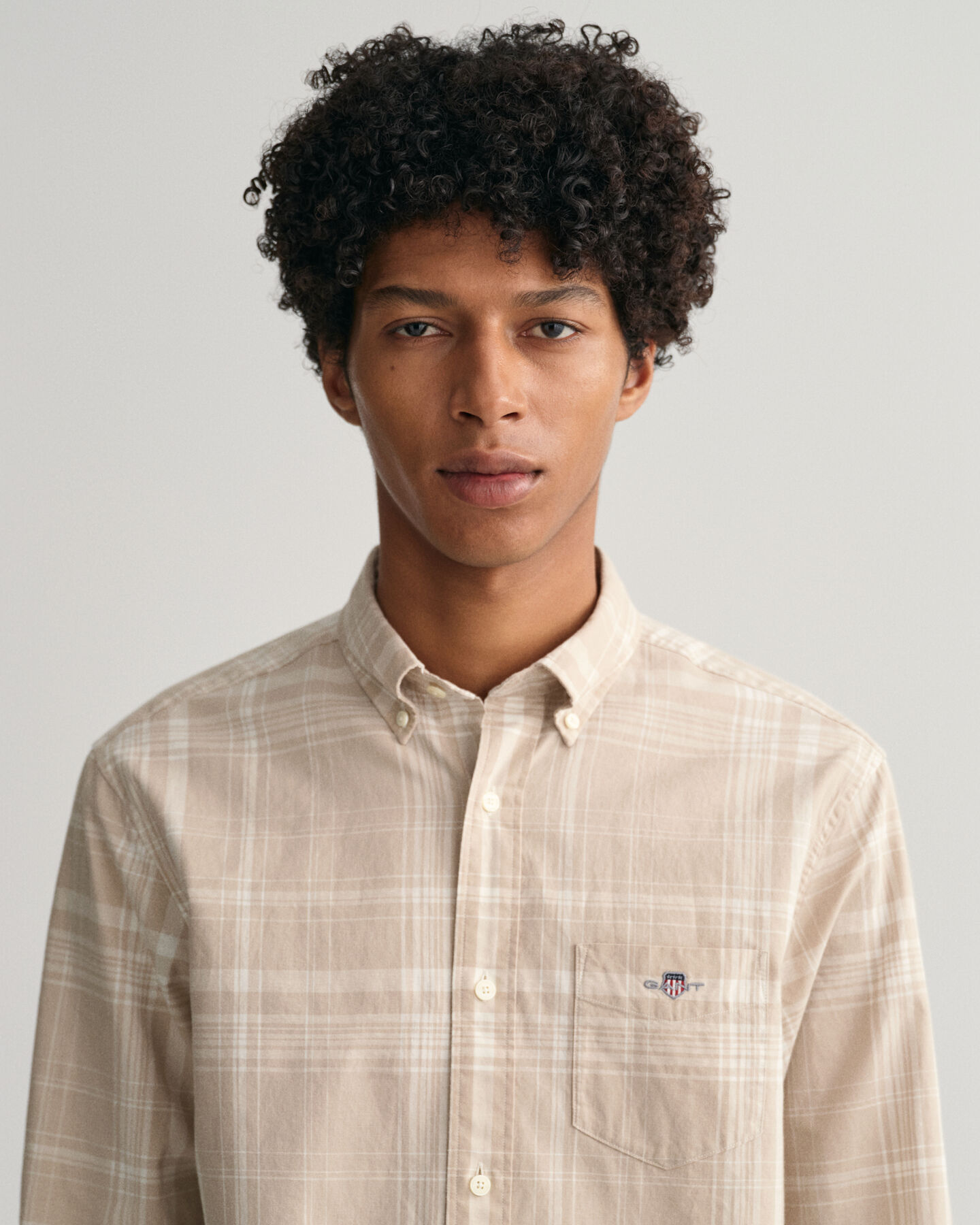 Camisa de linho e algodão com padrão de xadrez regular fit