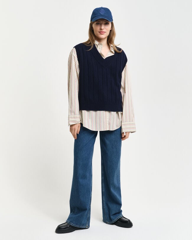 Colete com decote em V em lã com canelado largo