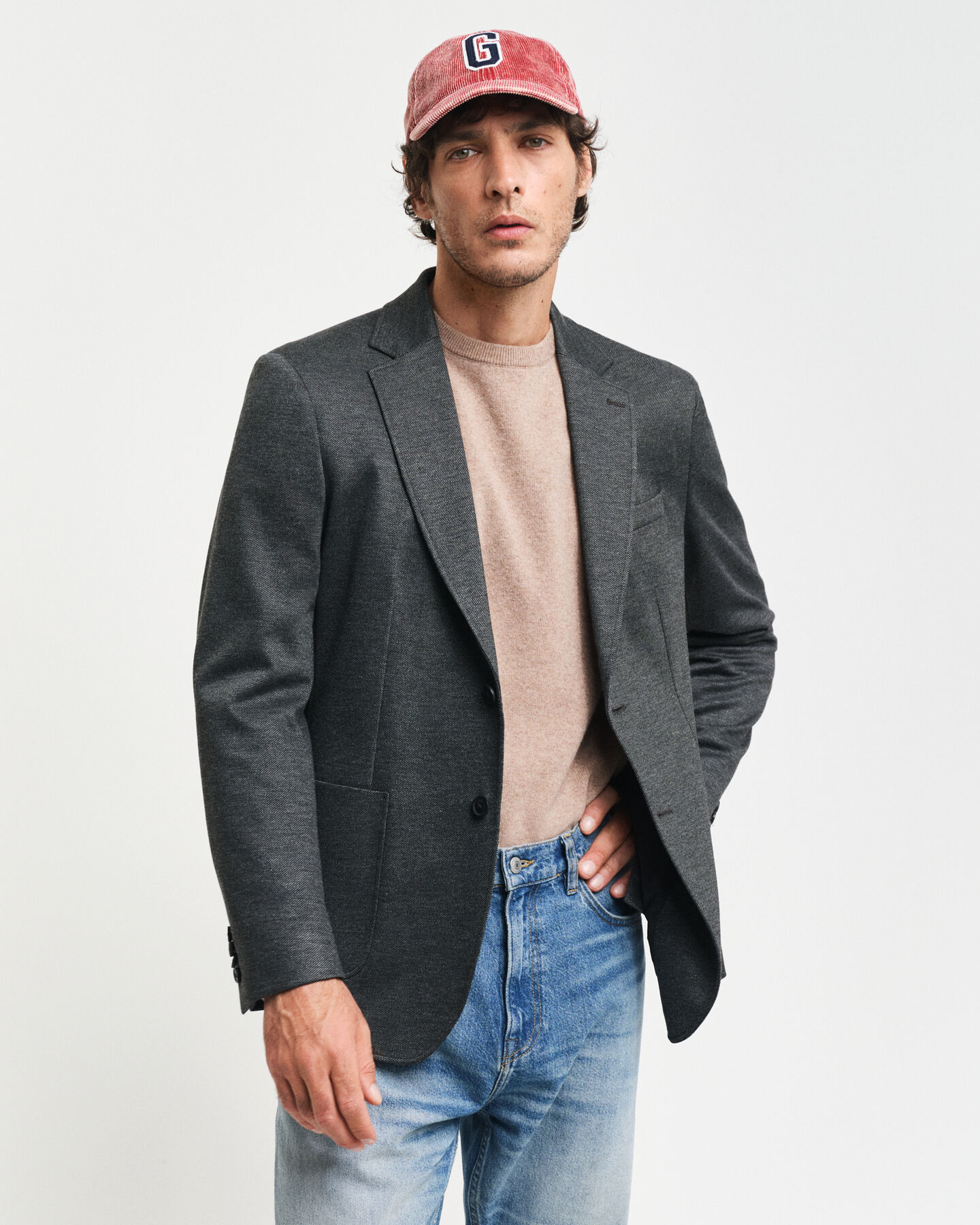 Blazer em jersey com sarja bicolor