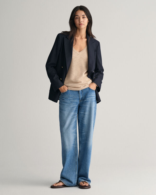 Pulover com decote em V em mistura de linho